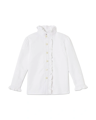 Shop Classic Prep Childrenswear Girl's Ginny Ruffle-front Blouse In Solid White Oxfor