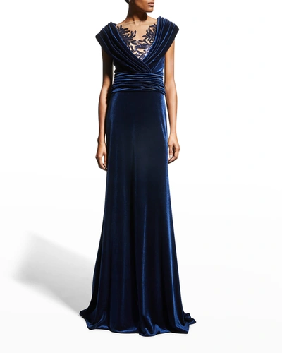 Shop Tadashi Shoji Sequin Illusion Cap-sleeve Velvet Gown In Night Blue