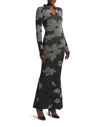 Shop Giorgio Armani Flower-print Ribbed Maxi Dress In Dark Gray