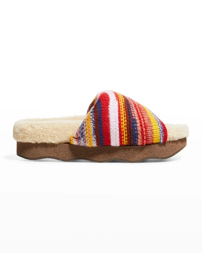 Shop Chloé Cashmere Knit Shearling Slide Sandals In Multi Red