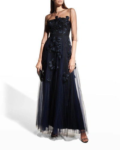 Shop Carolina Herrera Bead-embroidered Tulle Illusion Gown In Navy