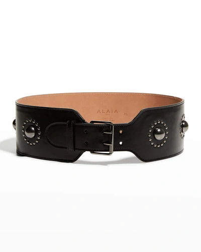 Shop Alaïa Wide Belt W/ Flower Studs In 980 Noir/rutheniu