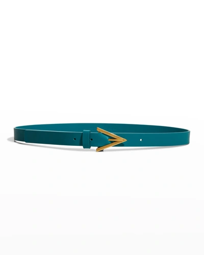 Shop Bottega Veneta Triangle Leather Skinny Belt In Mallard/gold