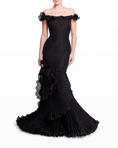 Shop Marchesa Off-the-shoulder Pleated Organza Gown In Black