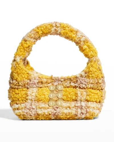 Shop Kooreloo Plaid Mini Faux-fur Hobo Top-handle Bag In Yellow