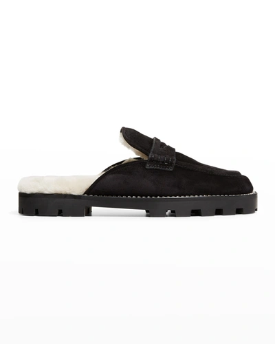 Shop Jimmy Choo Ronnie Suede Shearling Penny Loafer Mules In Black/natural