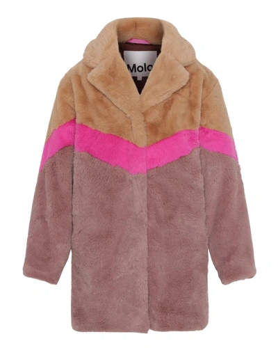 Shop Molo Girls' Haili Super Soft Faux Fur Jacket With Bright Pink Chevron Stripe In Block Deer
