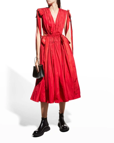 Shop Alexander Mcqueen Pleated Grecian Taffeta Open-back Dress In Red