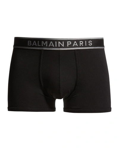 Shop Balmain Men's Jersey Shiny-logo Boxer Trunks In Black/gun Metal