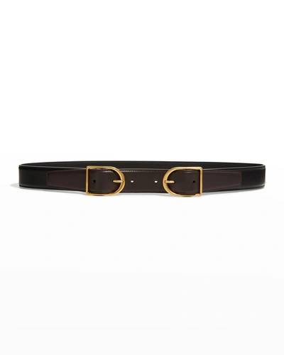 Shop Saint Laurent Double Buckle Leather Belt In 1057 Nero/marron