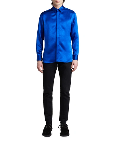 Shop Saint Laurent Men's Yves Jacquard Silk Sport Shirt In Blue