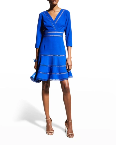 Shop Shani Crepe Surplice Dress W/ Ladder Trim In Blue