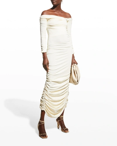 Shop Khaite Lydia Off-the-shoulder Ruched Midi Dress In Ivory