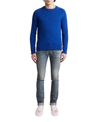 Shop Saint Laurent Men's Destroyed Cotton Sweater In Blue