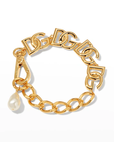 Shop Dolce & Gabbana Dg-chain Bracelet With Pearly Charm In Gold