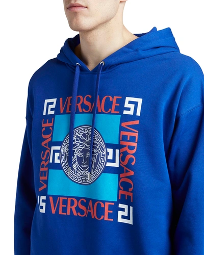 Shop Versace Men's Boxed Logo Hoodie In Lapis