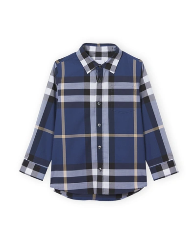 Shop Burberry Boy's Owen Vintage Check Button-down Shirt In Pebble Blue Ip Ch