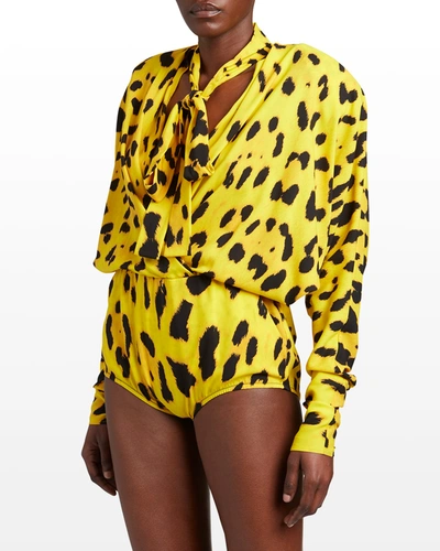 Shop Dolce & Gabbana Leopard-print Charmeuse Bodysuit In Yellblkprt