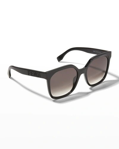 Shop Fendi Logo Oversized Square Acetate Sunglasses In Shiny Black/smoke