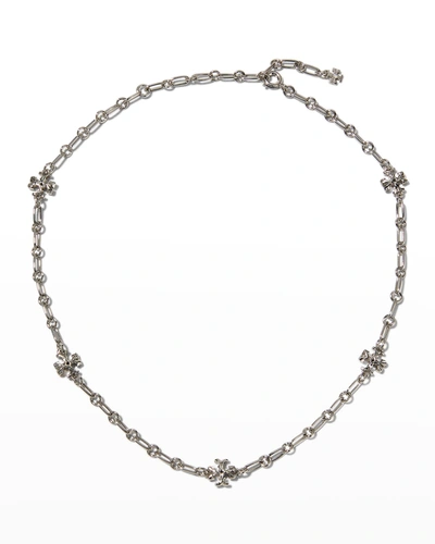 Shop Tory Burch Roxanne Chain Delicate Necklace In Shiny Pewter