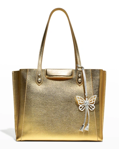 Shop Sophia Webster Hola Metallic Shopper Tote Bag W/ Butterfly Charm In Goldsilver
