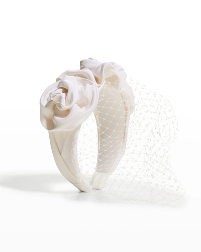 Shop Jennifer Behr Triple Rosette Voilette Headband W/ Fishnet Veil In Cream