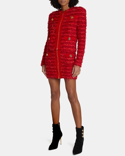 Shop Balmain Tweed Collarless Jacket In Red