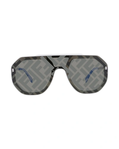 Shop Fendi Men's Logo Acetate Shield Sunglasses In 25c Ivory/smoke