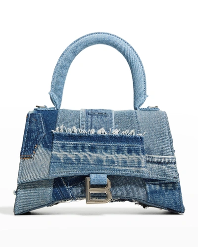 Shop Balenciaga Hourglass Upcycled Denim Patchwork Top-handle Bag In Washed Blue