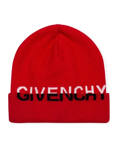 Shop Givenchy Boy's Split Logo Knit Beanie In 991 Red