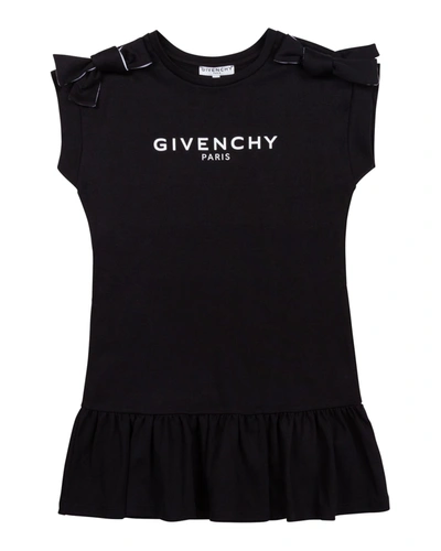 Shop Givenchy Girl's Glitter Logo-print Bow Shoulder Dress In 09b Black