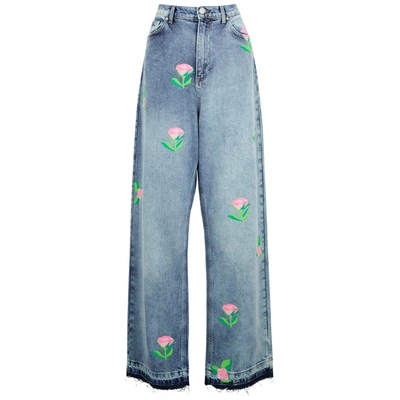 Shop Natasha Zinko Blue Rose-print Wide-leg Jeans In Denim