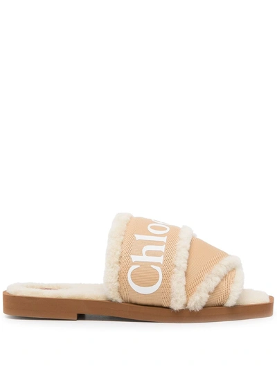 Shop Chloé Woody Shearling-lining Sandals In Neutrals