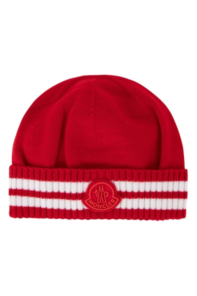 Shop Moncler Enfant Logo Patch Beanie In Red