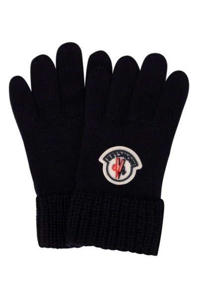 Shop Moncler Enfant Logo Patch Knit Gloves In Navy