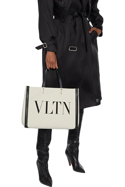 Shop Valentino Vltn Leather-trimmed Printed Canvas Tote In Beige