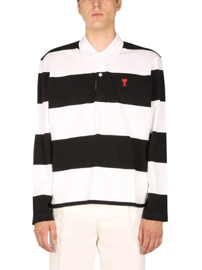 Black & White Jersey Striped Ami De Cœur Long Sleeve Polo