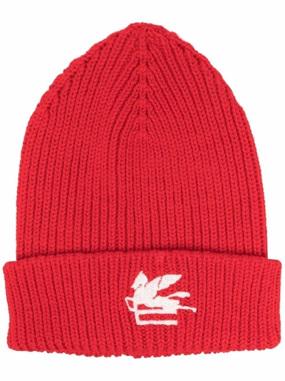 Etro Wool Red Hat With Logo Patch In Red