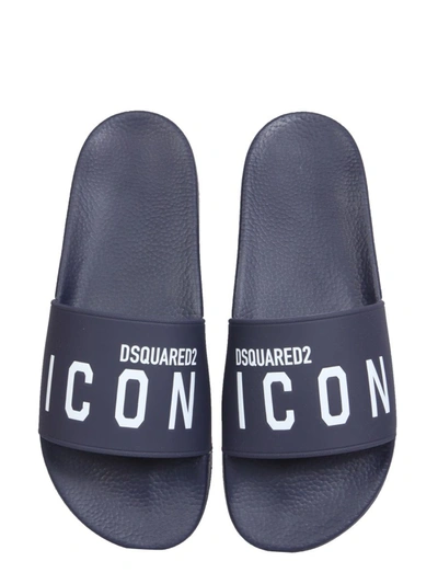 Dsquared2 Rubber Slides With Contrasting Icon Print In Blue