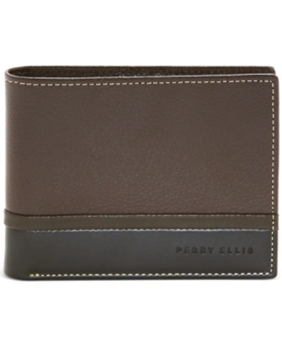 Shop Perry Ellis Portfolio Men's Pebble Smooth Contrast Bifold Wallet In Brown