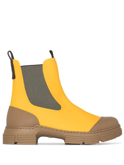 Shop Ganni Panelled Ridged Sole Chelsea Boots In Gelb