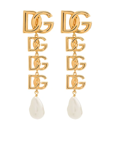 Shop Dolce & Gabbana Dg Logo Pearl-embellished Earrings In Gold