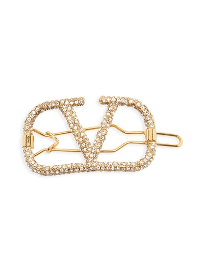 Shop Valentino Women's Crystal-encrusted Vlogo Hair Clip In Gold