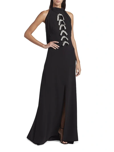 Shop Oscar De La Renta Silk Crystal Bow Gown In Black