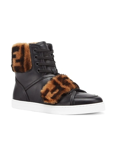 Women's Ff Shearling & Leather High-top Sneakers In Nero Tabacco