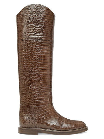 Shop Fendi Women's Croc-embossed Leather Tall Boots In Maya Maya