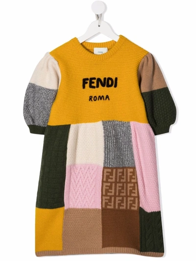 Shop Fendi Knitted Patchwork Dress In Yellow