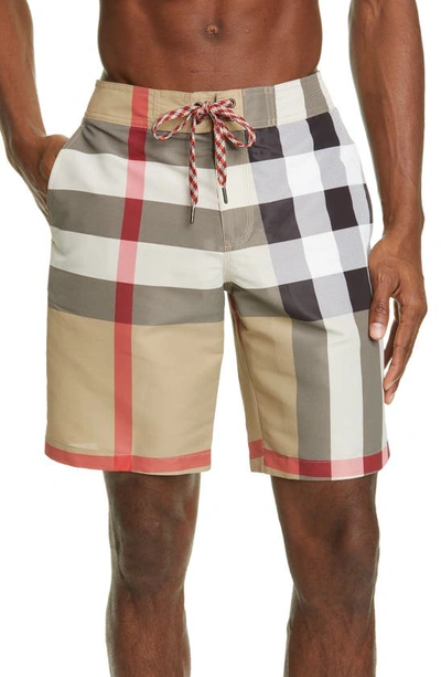 Shop Burberry Breton Check Swim Trunks In Archive Beige Ip Chk