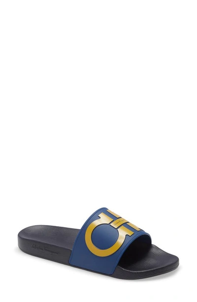 Shop Ferragamo Groove 2 Slide Sandal In Blue/ Yellow