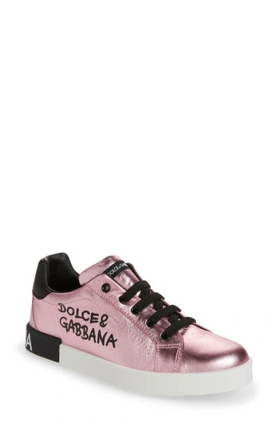 Dolce & Gabbana Metallic Logo Leather Sneakers, Toddler/kids In Pink/black  | ModeSens